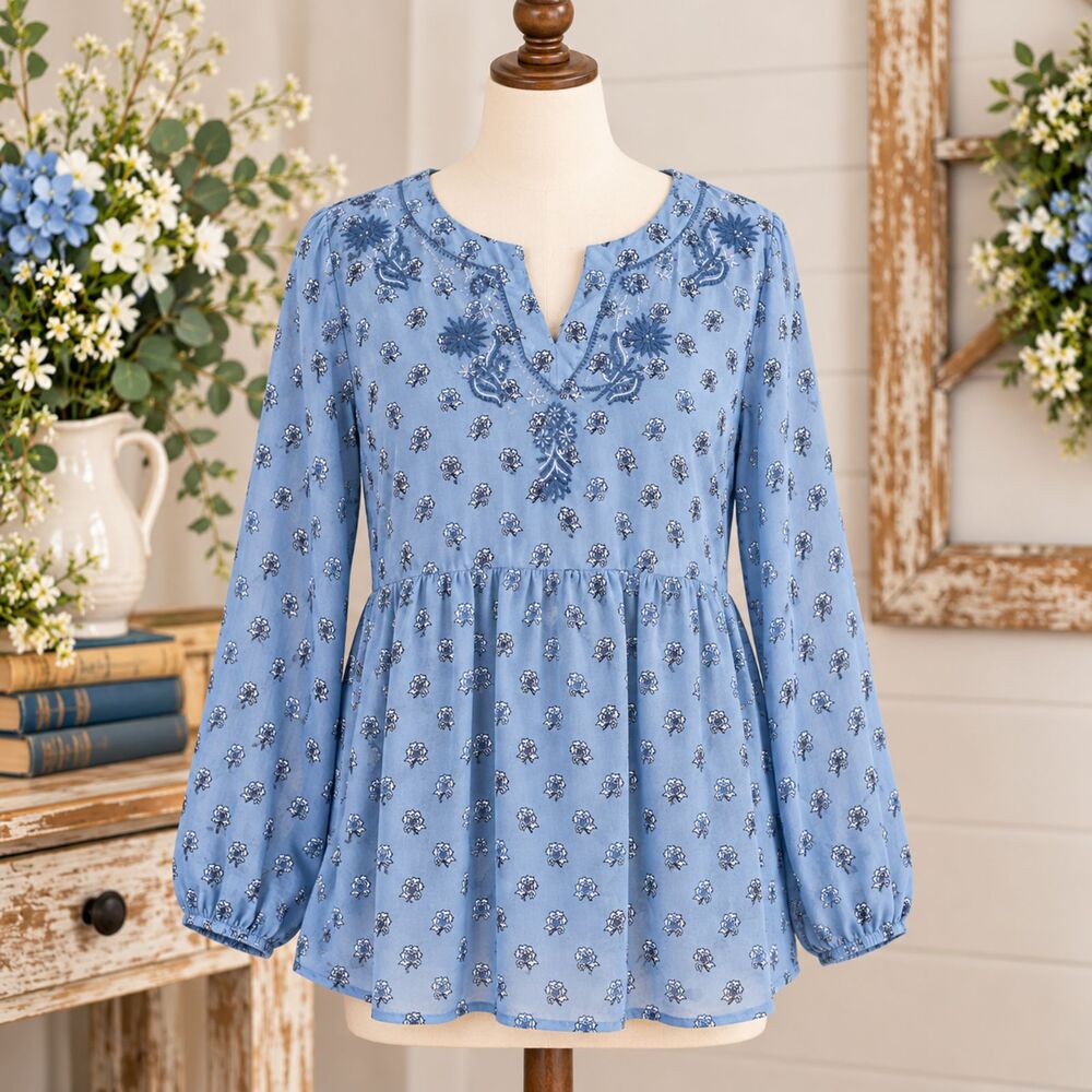 J. Jill Blue Floral Print Embroidered Boho Top XL Rayon Flowy Peasant Blouse